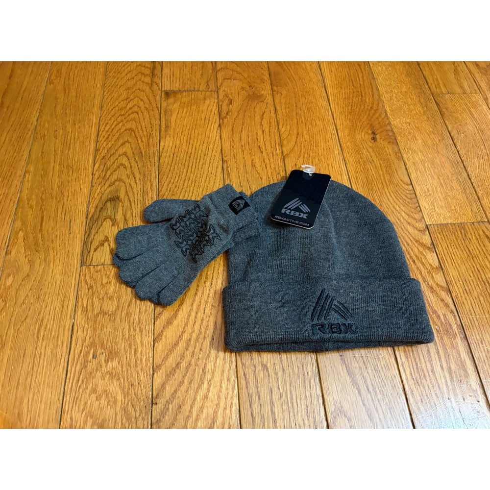 RBX Boys Girls Gray Knit Beanie and Gloves Set Fleece‎ Lined Winter Hat Charcoal